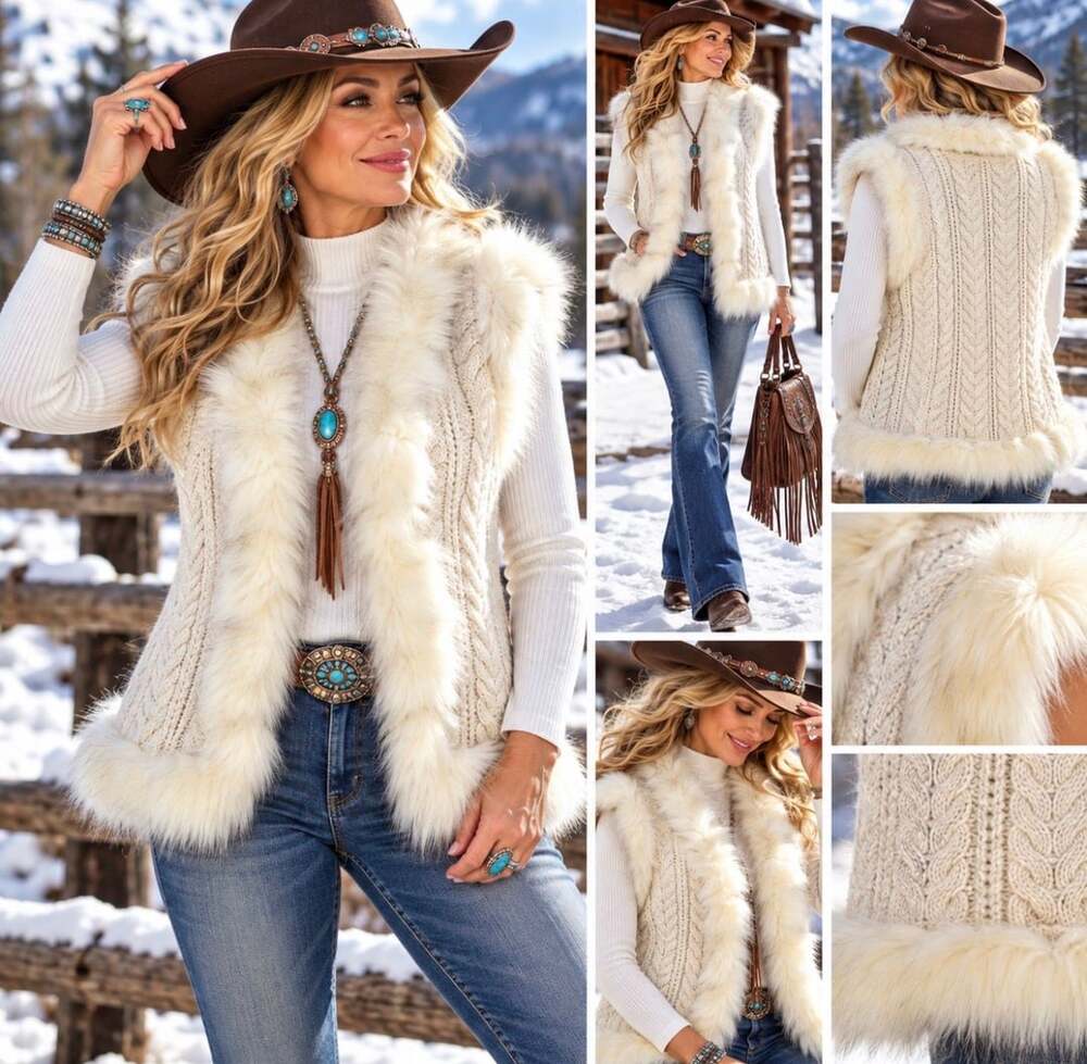 Shyanne Women’s L Cream Cable Knit Faux Fur Vest Western Cowgirl NWOT